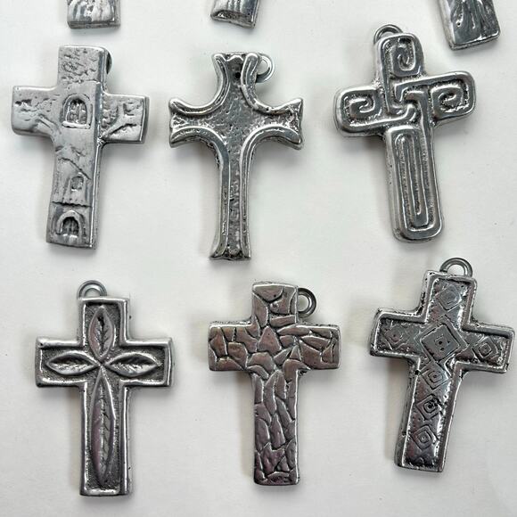 9 Piece Lot Small Handmade Pewter Silver Religious Artistic Crosses 3" - Picture 3 of 4